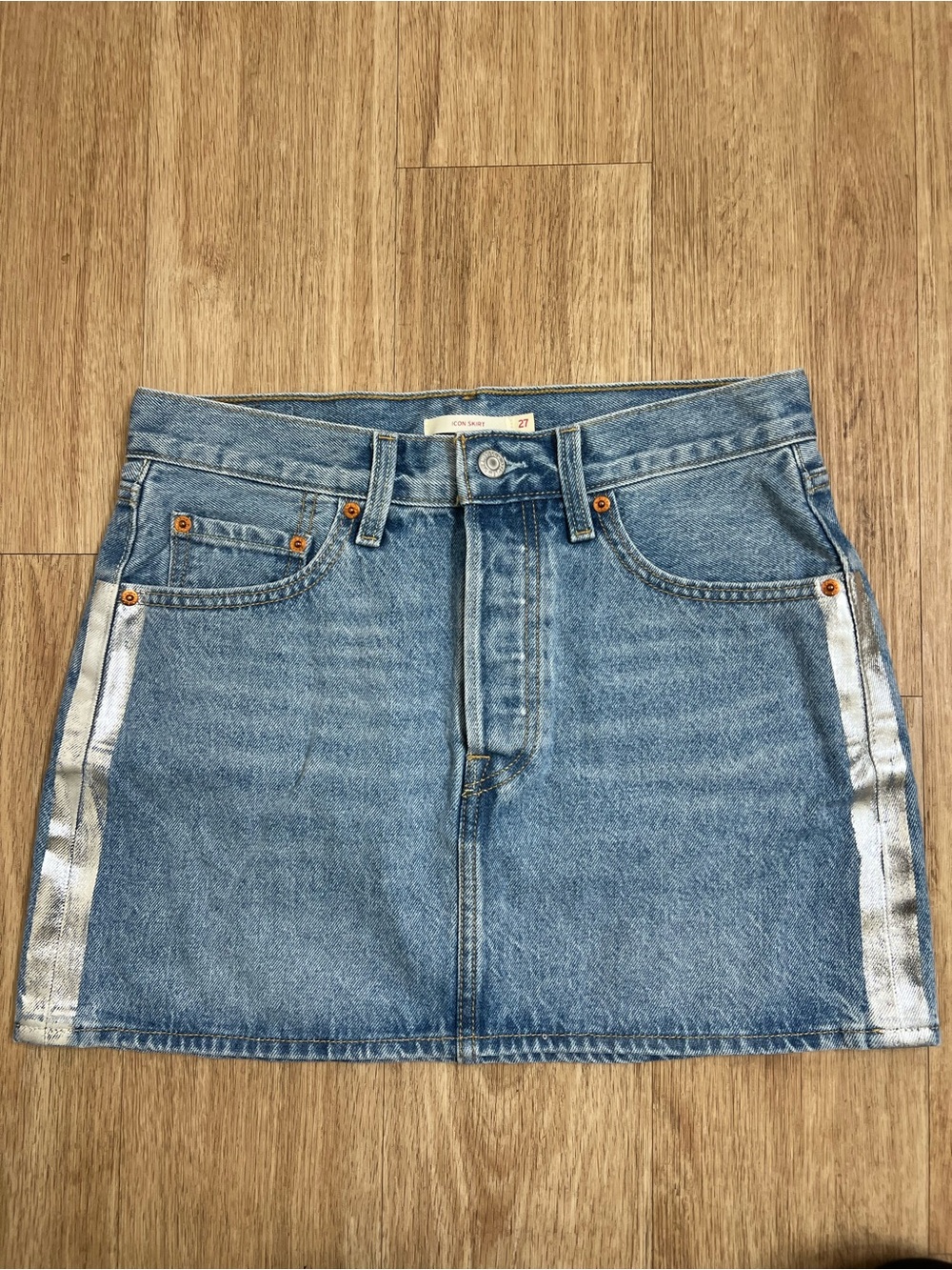 Levi'sw Light Blue Denim Mini Skirt with Silver Side Stripes